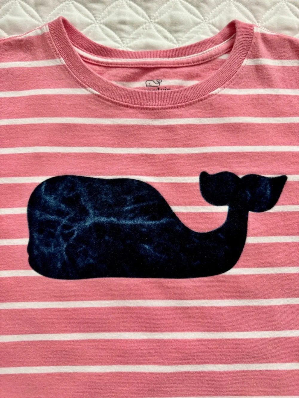 Vineyard Vines Pink White Striped Short Sleeve T-Shirt Navy Velvet Whale Size L